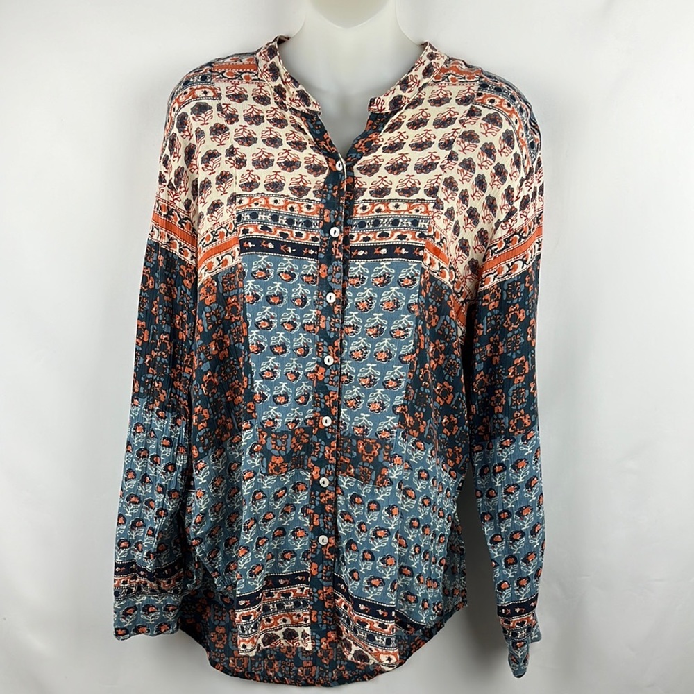 Free People Blue Patchwork Caravan Button Down To… - image 5